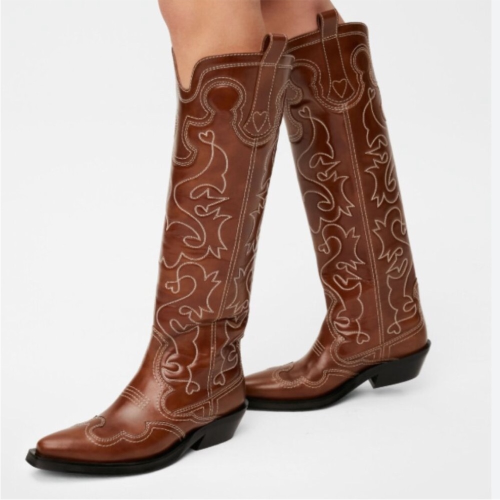 Ganni Knee High Embroidered Western Cowboy Boots Size EU 40 (US 9)